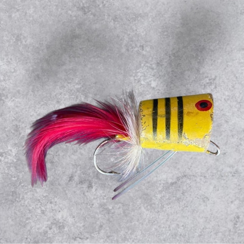 Vintage Fishing Lure Yellow Popper Feather Tail Topwater 3.5” Collectible Tackle